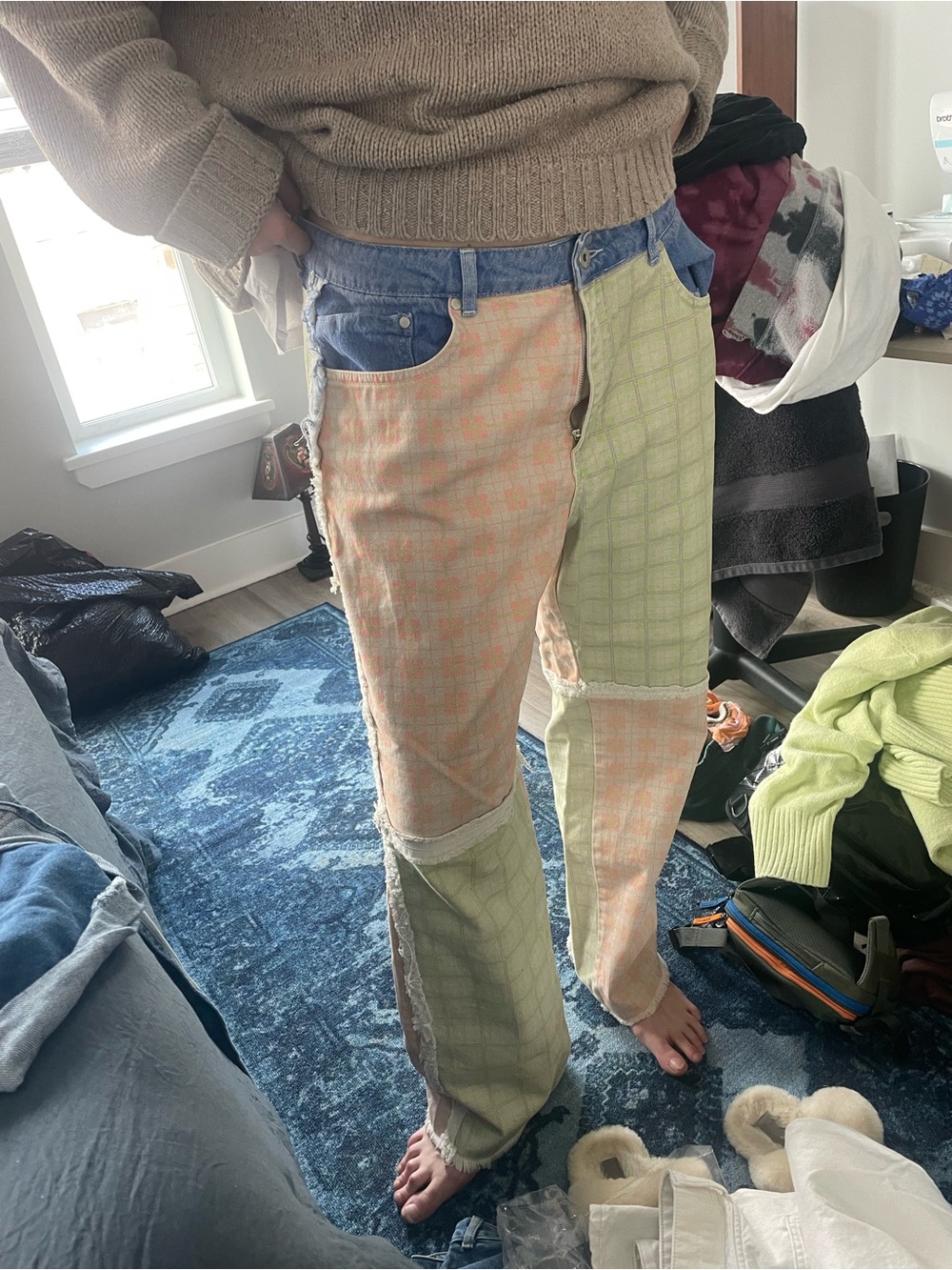 The Ragged Priest Patchwork Flare Jeans in Peach & Sage
